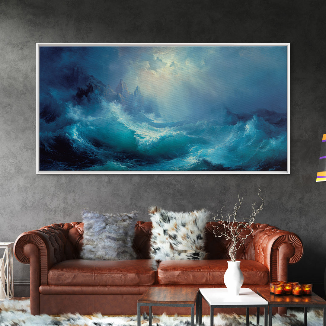 Stormy Turquoise Blue Ocean Waves Canvas Print, Dramatic Seascape Wall Decor, Coastal Landscape Art For Living Room Decor