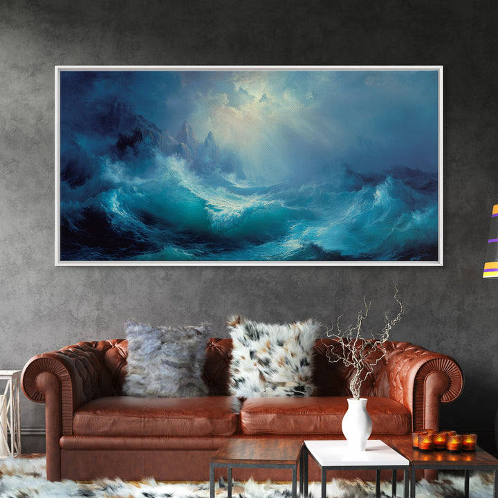 Stormy Turquoise Blue Ocean Waves Canvas Print, Dramatic Seascape Wall Decor, Coastal Landscape Art For Living Room Decor
