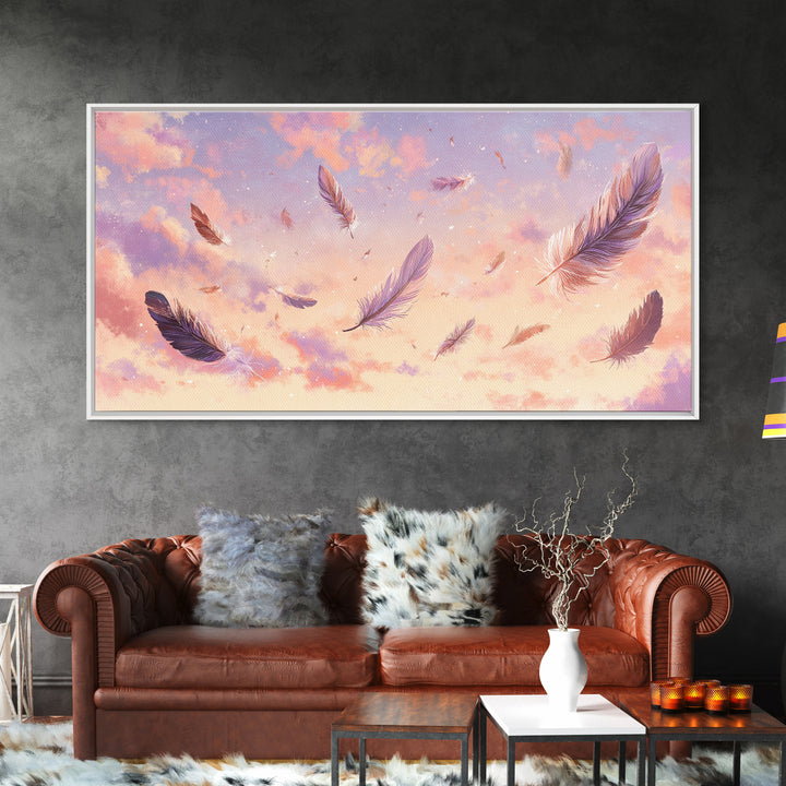 Floating Feathers Canvas Print, Pastel Sunset Sky Wall Art, Dreamy Celestial Decor, Soft Boho Bedroom Wall Decor, Gift For Her