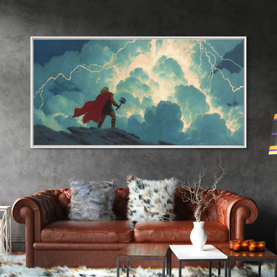 Norse Thunder God With Hammer Wall Art, Lightning Storm Mythology Canvas Decor, Viking Fantasy Print For Game Room Decor