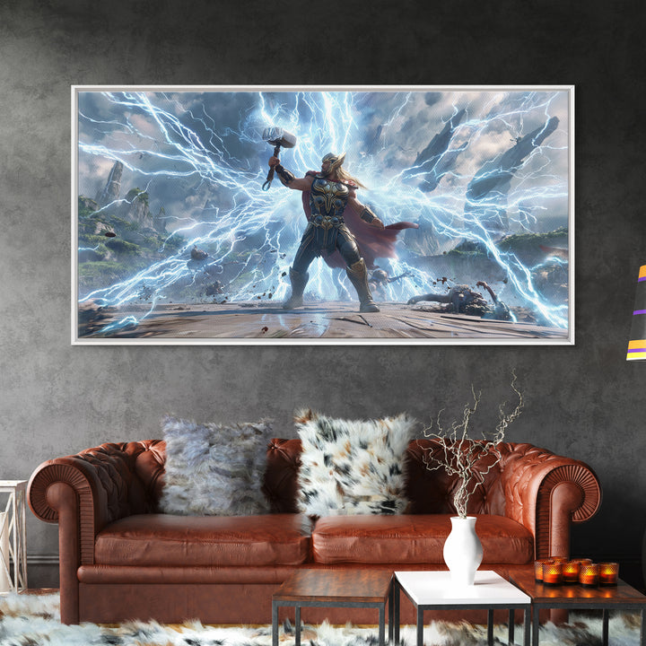 Epic Fantasy Artwork Of Thunder God Wielding Hammer Lightning Storm Detailed Surreal Wall Art Canvas Print