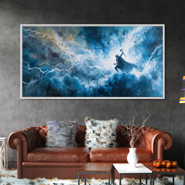 Thunder God In Lightning Storm Canvas Print Epic Fantasy Wall Art, Blue Mythology Home Decor, Viking Inspired Gift For Him
