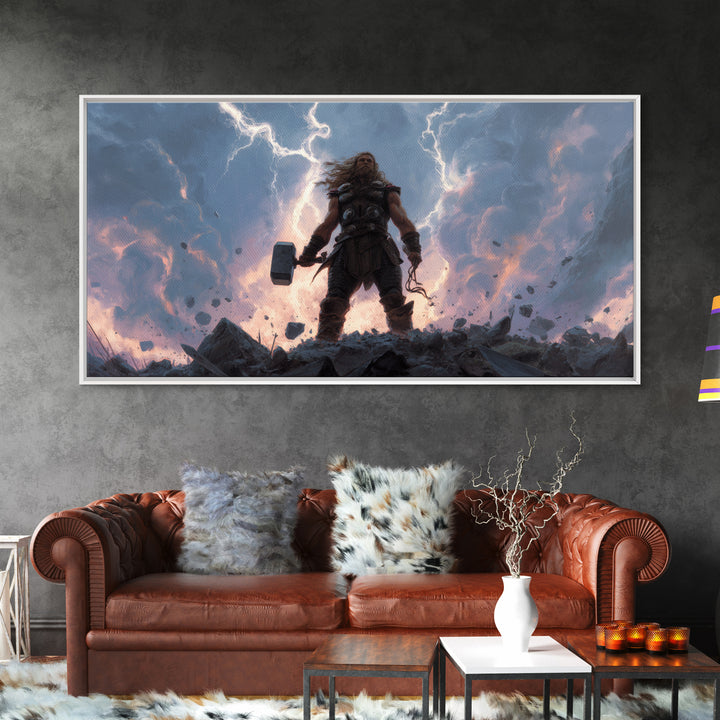 Thunder God Warrior With Hammer And Lightning Wall Art, Mythological Fantasy Canvas Print, Dramatic Storm Decor Gift For Him