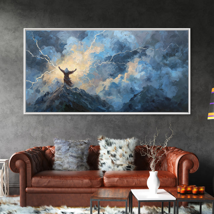 Storm Figure On Mountain Peak Canvas Print Lightning Sky Wall Art, Mythological Fantasy Landscape For Dramatic Home Decor