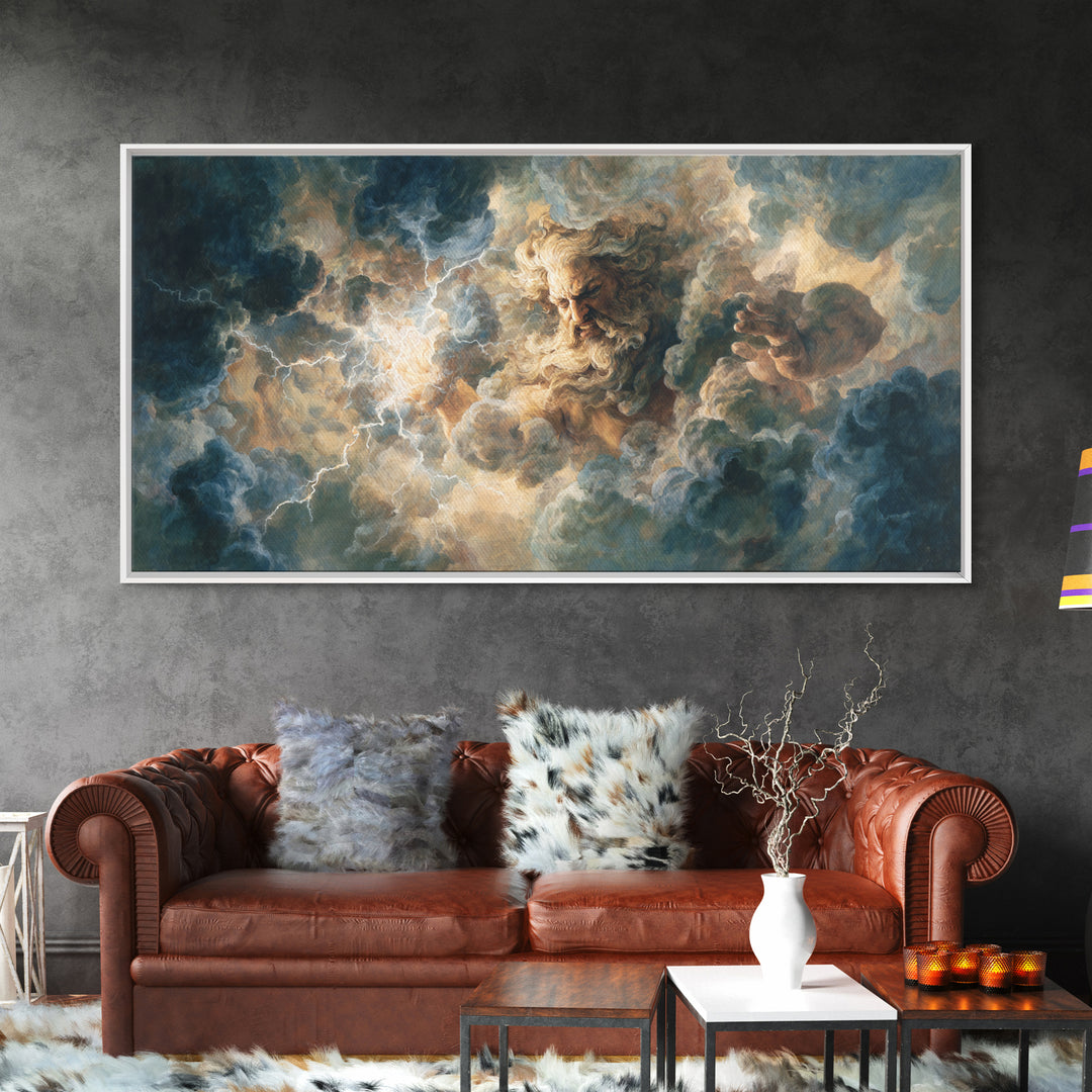 Storm Cloud God With Lightning Wall Art, Mythological Canvas Print, Dramatic Fantasy Decor, Dark Academia Living Room Art