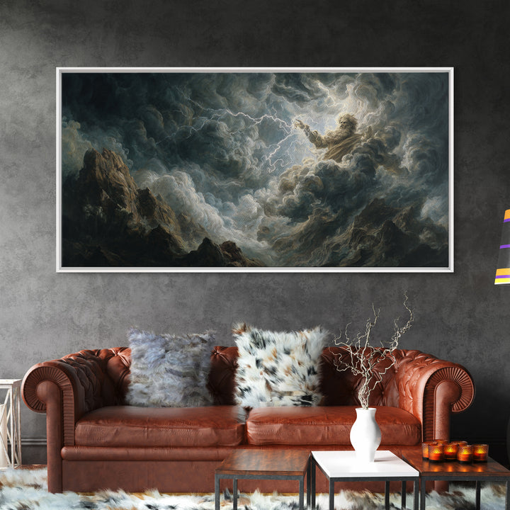 Stormy Divine Figure In Lightning Clouds Wall Art, Dramatic Mythological Canvas Print For Moody Gothic Home Decor And Fantasy Art