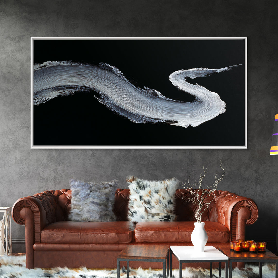 Abstract Bold White Brushstroke On Black Background Modern Wall Art, Canvas Print For Contemporary Home Decor And Office Decoration