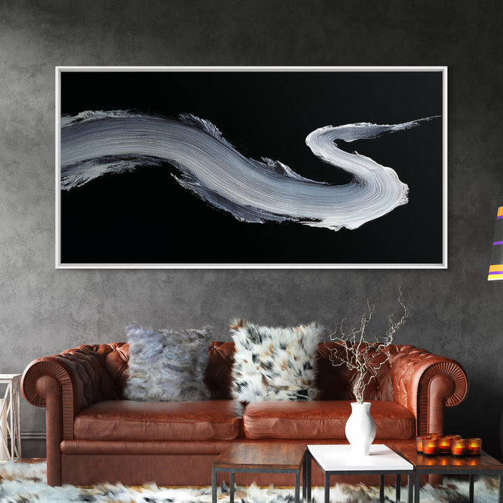 Abstract Bold White Brushstroke On Black Background Modern Wall Art, Canvas Print For Contemporary Home Decor And Office Decoration