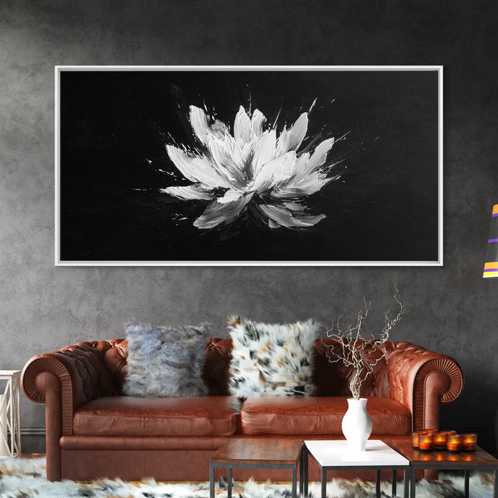 Abstract White Flower On Black Background Minimalist Wall Art Modern Home Decor Canvas Print For Living Room And Bedroom