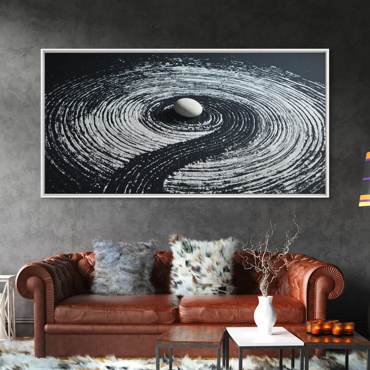 Zen Garden White Stone With Spiral Raked Sand Minimalist Black And White Wall Art Canvas Print