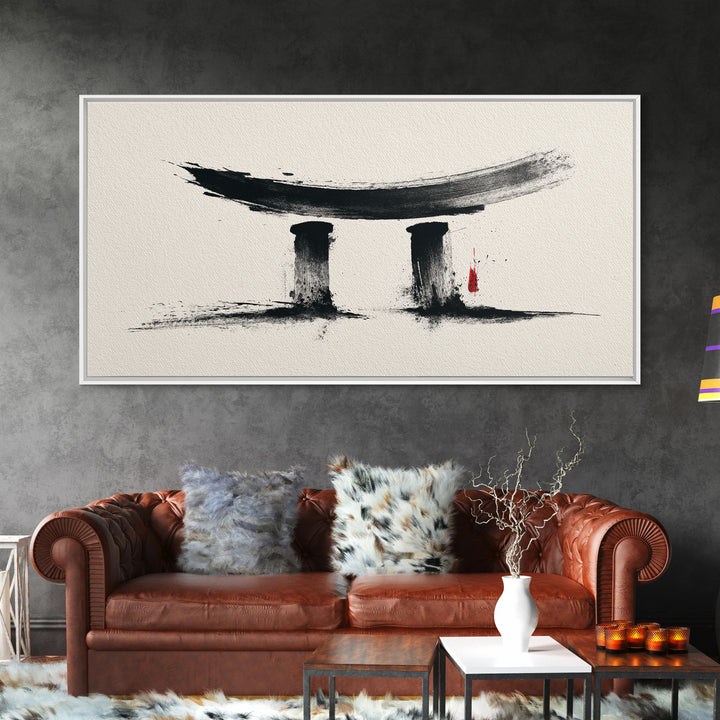 Minimalist Abstract Black Ink Calligraphy Inspired Wall Art Featuring Stylized Traditional Japanese Torii Gate In Ink Wash Style Framed Canvas Print