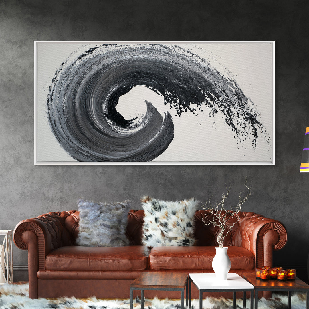Dynamic Black And White Abstract Wave Painting Canvas Print Modern Wall Art For Living Room Decor And Office