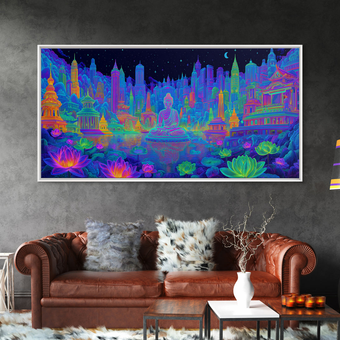 Vibrant Neon Cityscape With Buddha Statue And Lotus Flowers Modern Wall Art Colorful Spiritual Canvas Print
