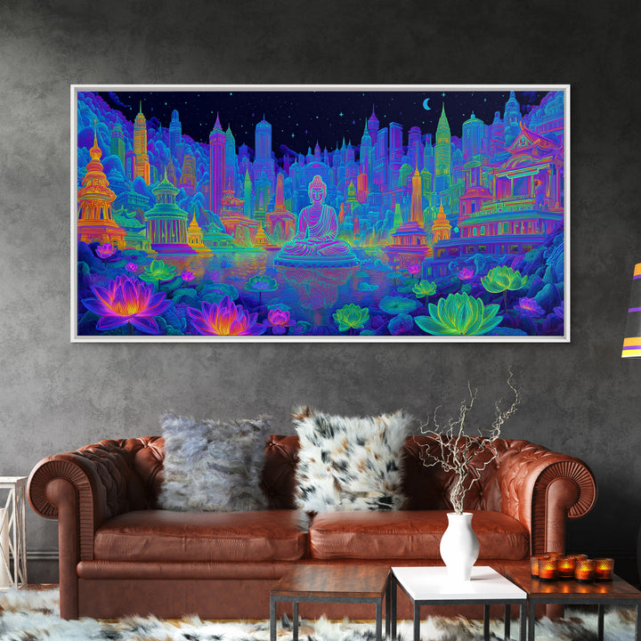 Vibrant Neon Cityscape With Buddha Statue And Lotus Flowers Modern Wall Art Colorful Spiritual Canvas Print