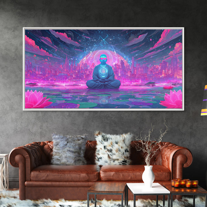 Futuristic Meditating Figure With Neon Cityscape Abstract Wall Art Framed Canvas Print For Office And Living Room