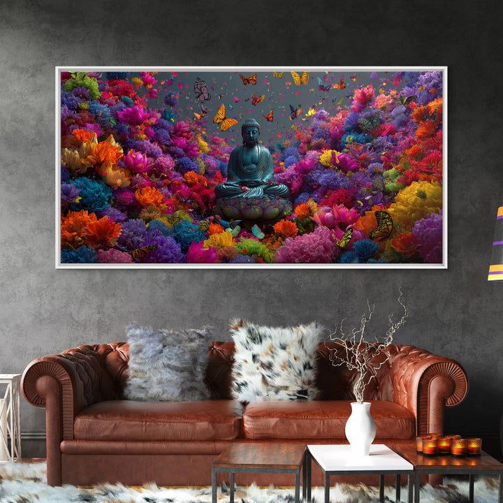 Meditative Buddha Statue Surrounded By Colorful Flowers And Butterflies Contemporary Wall Art Framed Canvas Print
