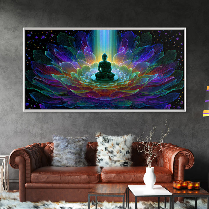 Spiritual Buddha Lotus Flower Meditation Colorful Neon Mandala Wall Art Canvas Print For Zen Room