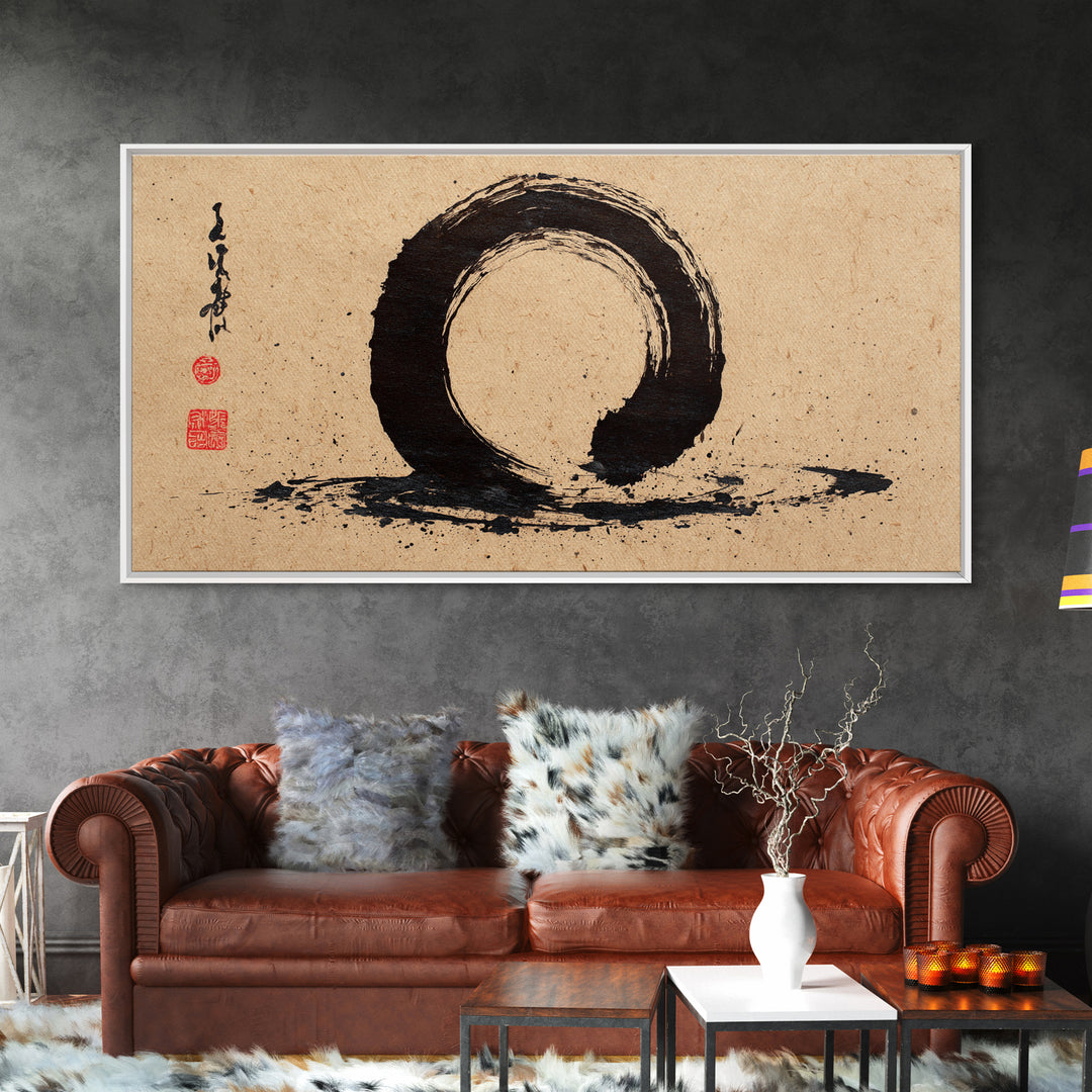 Minimalist Black Ink Enso Circle Painting On Textured Paper Modern Abstract Wall Art Framed Canvas Print For Contemporary Home Decor