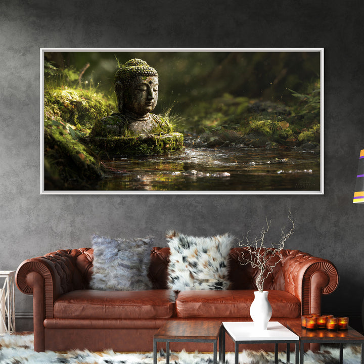 Serene Buddha Statue In Mossy Forest Water Reflection Wall Art Framed Canvas Print For Spa Zen Home Decor