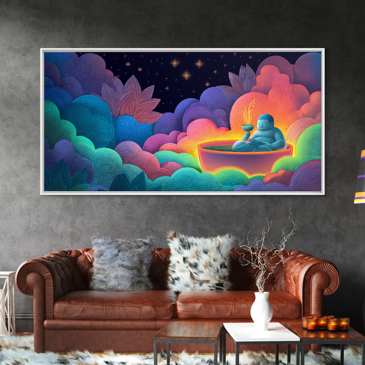 Colorful Vibrant Buddha With Neon Aura And Dynamic Clouds Spiritual Wall Art For Meditation Room And Yoga Studio Canvas Print