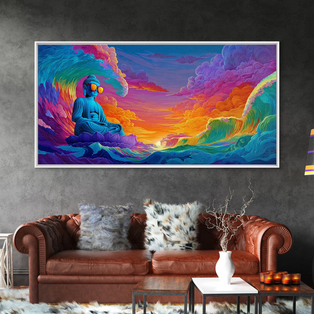 Vibrant Ocean Waves And Blue Buddha Sunset Landscape Wall Art Canvas Print For Relaxing Home Decor And Living Room