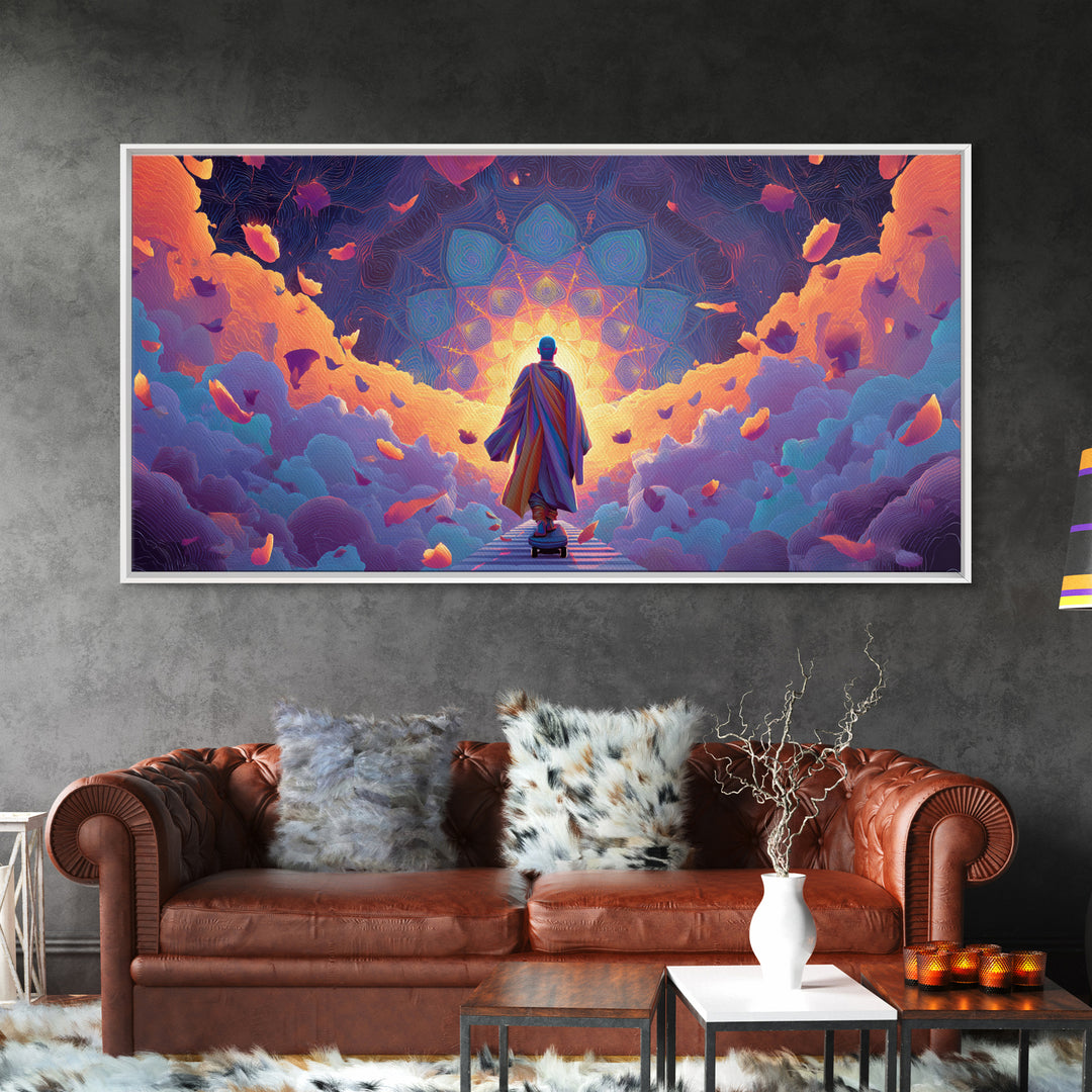 Mystical Monk Walking On Path Surrounded By Glowing Petals Spiritual Canvas Print Meditative Wall Art For Home Decor