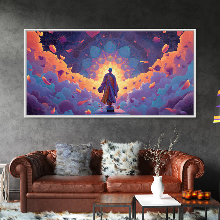 Mystical Monk Walking On Path Surrounded By Glowing Petals Spiritual Canvas Print Meditative Wall Art For Home Decor