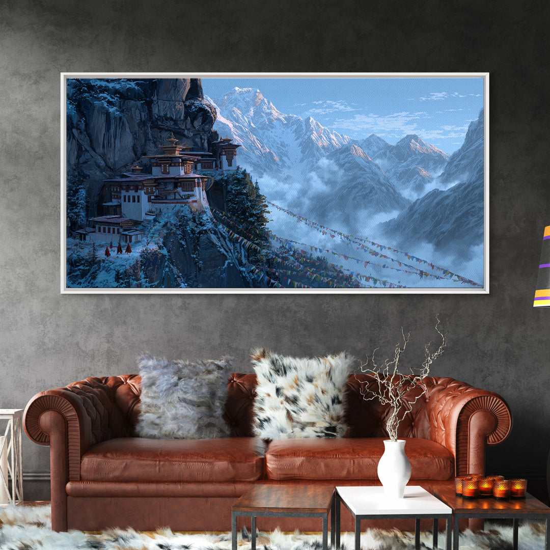 Snowy Mountain Monastery Landscape With Prayer Flags Serene Nature Scene Wall Art Framed Canvas Print For Meditation Room Decor