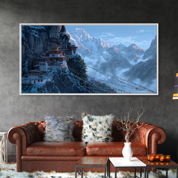 Snowy Mountain Monastery Landscape With Prayer Flags Serene Nature Scene Wall Art Framed Canvas Print For Meditation Room Decor