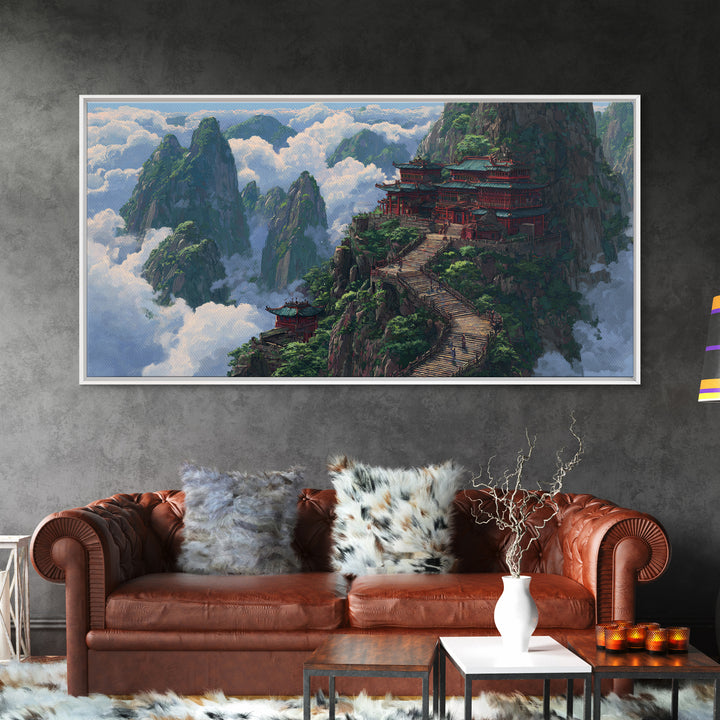 Scenic Traditional Asian Mountain Temple Landscape Painting Framed Canvas Print, Large Wall Art For Living Room Decor And Housewarming Gift