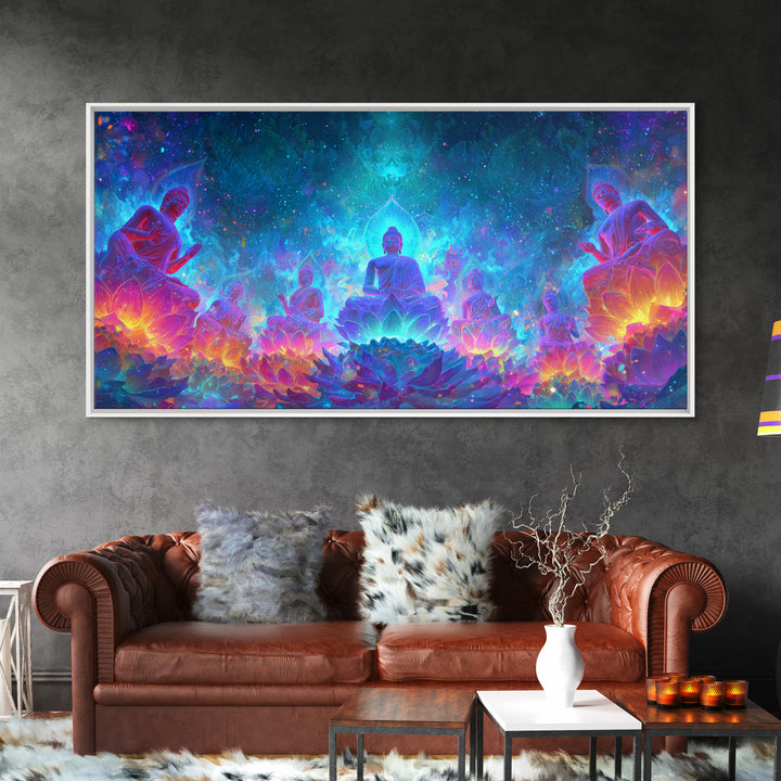 Mystical Buddha Statues Surrounded By Vibrant Lotus Flowers Spiritual Wall Art For Yoga Room Decor Canvas Print