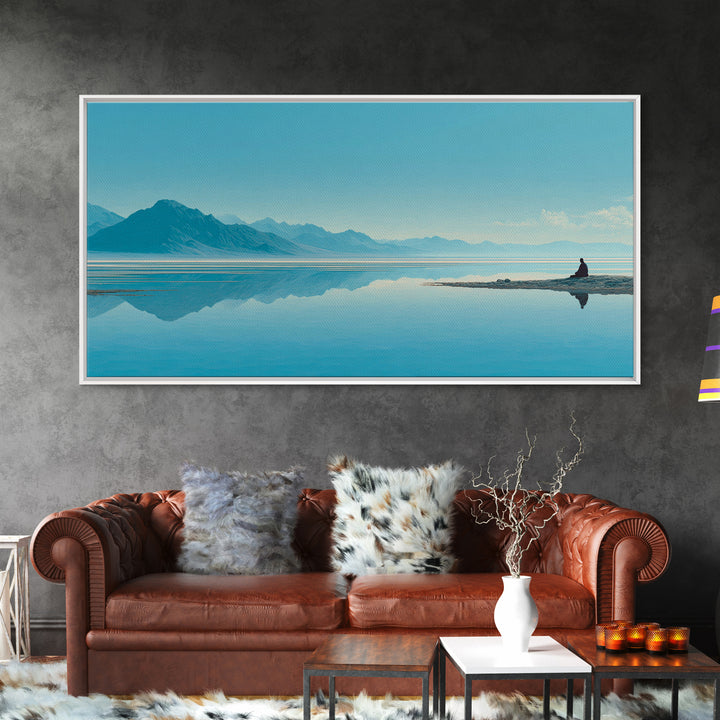 Tranquil Meditation Scene On Lake With Person Sitting Calm Water And Mountains Framed Canvas Print Zen Wall Art For Home Decor