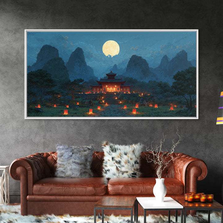 Futuristic Neon Night Cityscape With Colorful Reflection On Water Modern Urban Wall Art Canvas Print For Office