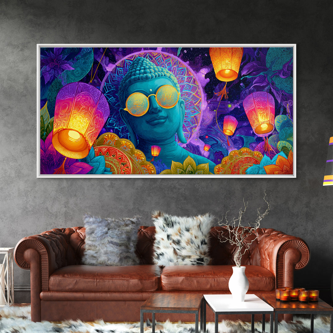 Colorful Buddha Statue With Lanterns And Floral Mandala Neon Art Print Modern Spiritual Wall Art Framed Canvas Print