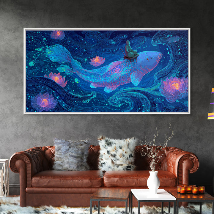Magical Koi Fish Swimming Among Lotus Flowers In Blue Water Contemporary Wall Art Canvas Print For Zen Home Decor And Spa Rooms