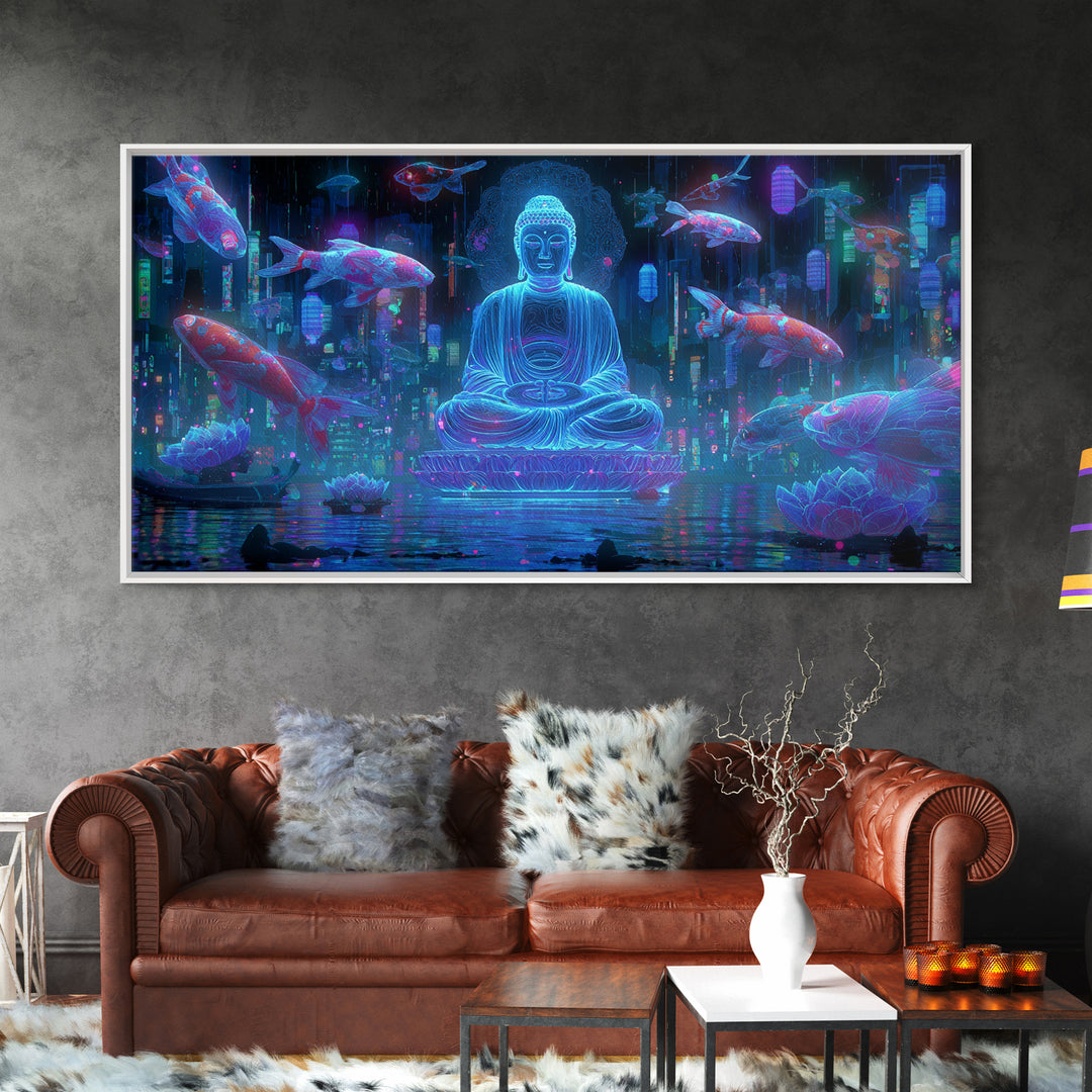 Mystical Neon Buddha Sitting With Koi Fish In Cyber Water Garden Wall Art Digital Canvas Print For Modern Home Decor