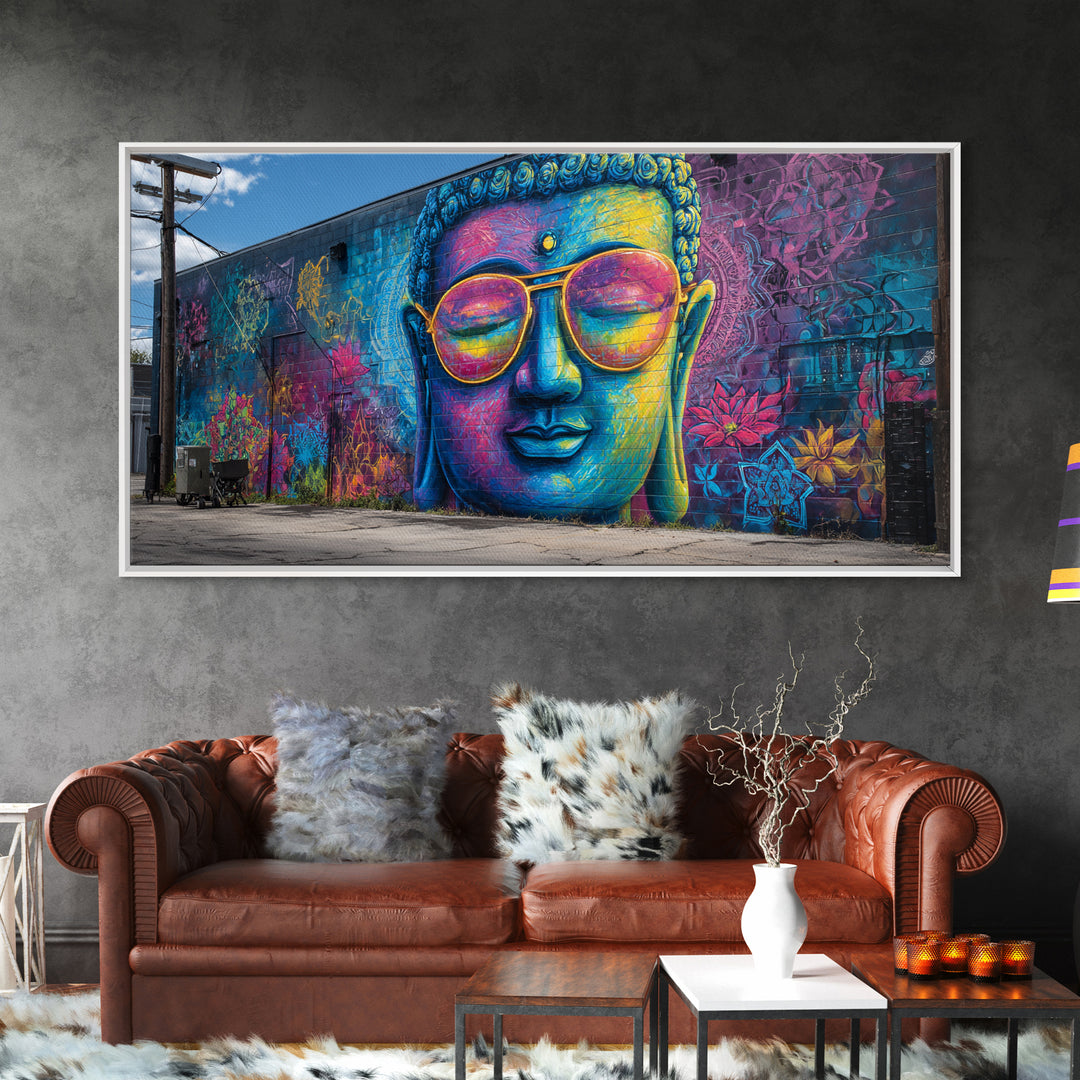Colorful Graffiti Mural Of Buddha Wearing Sunglasses Vibrant Street Art Wall Art Framed Canvas Print
