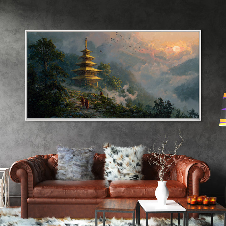 Serene Mystic Temple Amidst Lush Nature With Rising Sun Landscape Wall Art, Original Painting, Zen Home Decor Framed Canvas Print