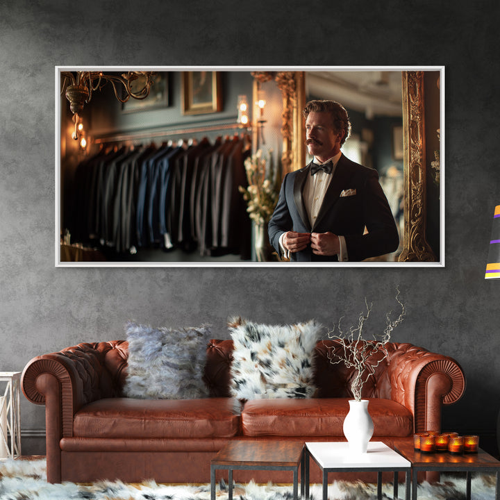 Dapper Tailor In Elegant Suit Shop Wall Art, Masculine Office Decor, Fashion Wall Art, Gift For Him Canvas Print, Mens Wall Art