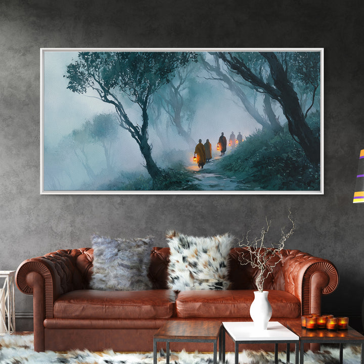 Mystical Monks Walking With Lanterns Through Foggy Forest Trail Wall Art Framed Canvas Print For Tranquil Home Decor