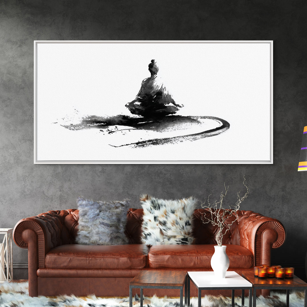 Minimalist Black And White Ink Painting Of Meditating Figure Abstract Wall Art Canvas Print For Modern Home Decor