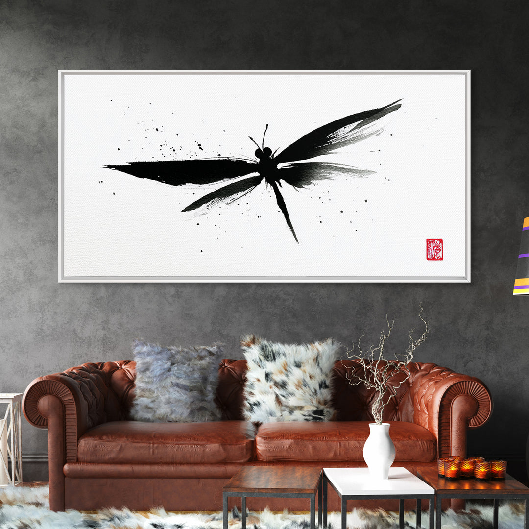Zen Brush Stroke Dragonfly Japanese Ink Painting Minimalist Black And White Wall Art For Modern Home Decor Canvas Print