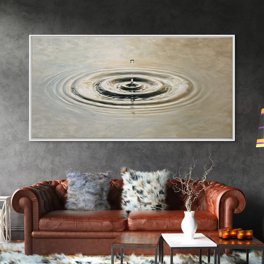 Hyperrealistic Water Drop Ripples Painting, Neutral Wall Art Framed Canvas Print For Modern Living Room Decor And Meditation Space