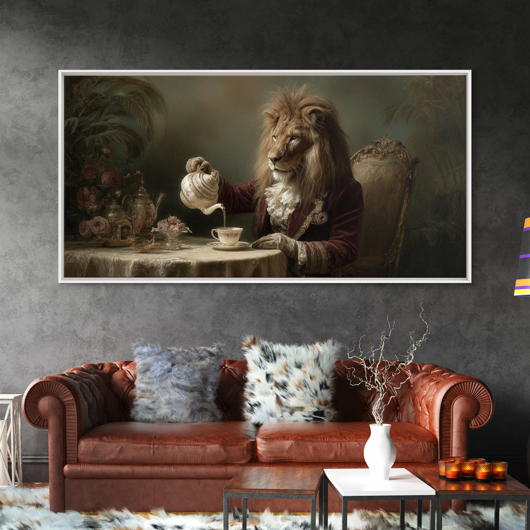 Regal Lion Having Afternoon Tea Wall Art, Whimsical Animal Canvas Print, Funny Bathroom Decor, Unique Gift For Her, Quirky Wall Decor