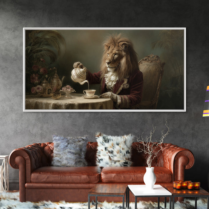 Regal Lion Having Afternoon Tea Wall Art, Whimsical Animal Canvas Print, Funny Bathroom Decor, Unique Gift For Her, Quirky Wall Decor