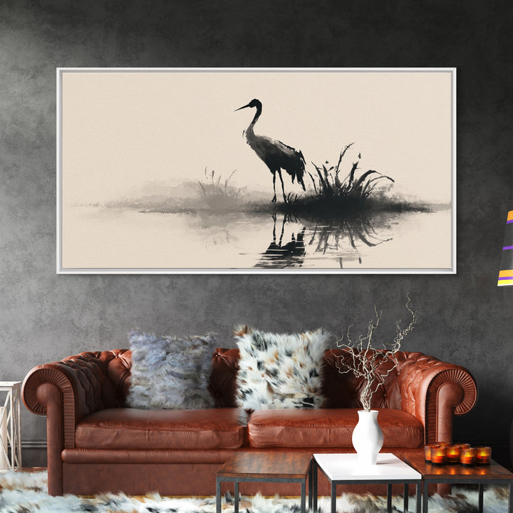 Elegant Black Crane Silhouette Reflecting Over Calm Water Minimalist Wall Art Framed Canvas Print For Home Decor
