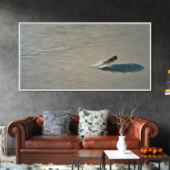 Delicate Single Feather With Realistic Shadow In Soft Beige Canvas Print For Elegant Wall Art Home Decor