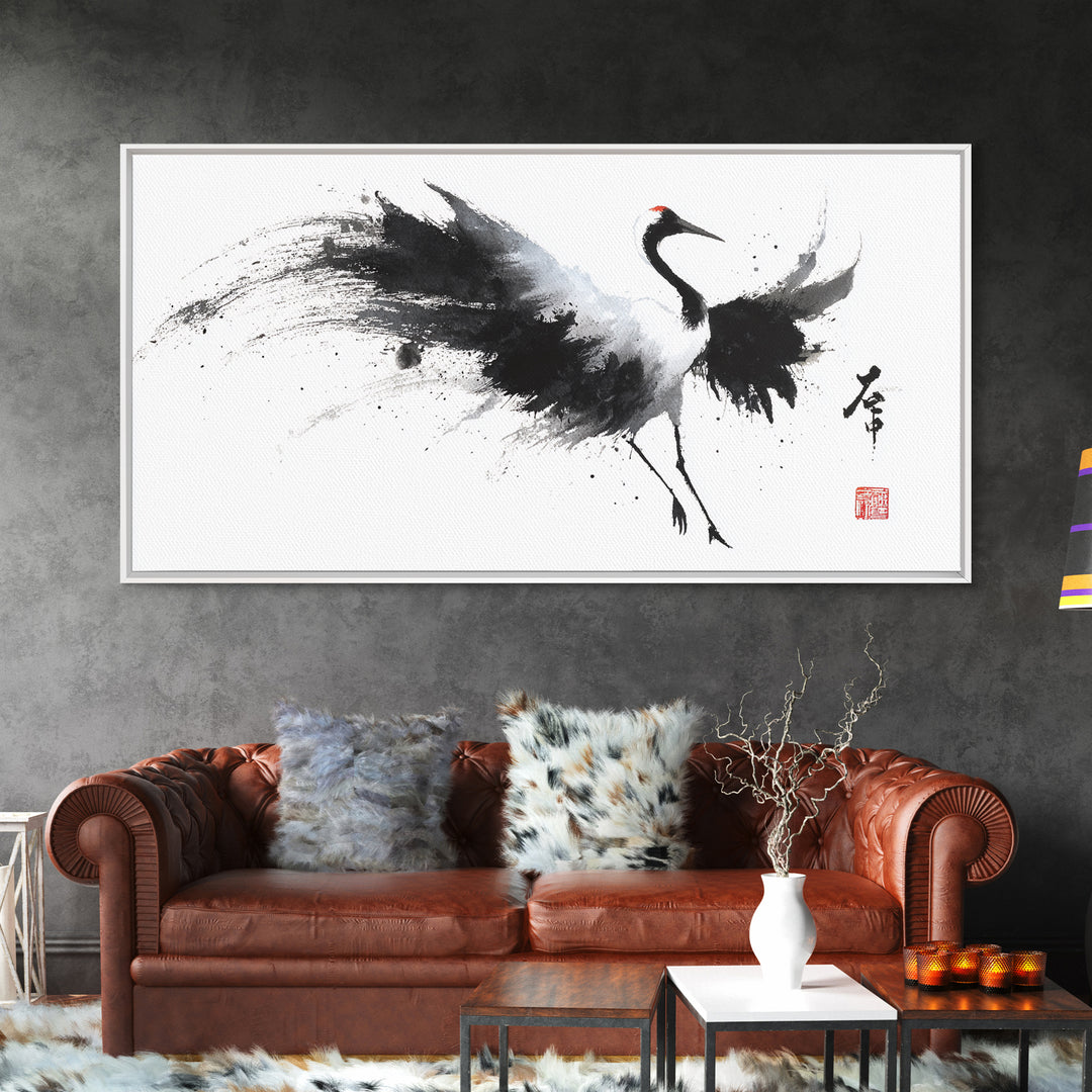Elegant Japanese Crane Ink Painting Monochrome Art Minimalist Wall Art For Modern Home Decor Framed Canvas Print