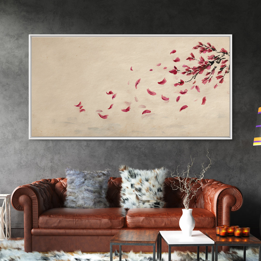Minimalist Watercolor Red Falling Flower Petals Japanese Painting Art Print Canvas Print For Living Room