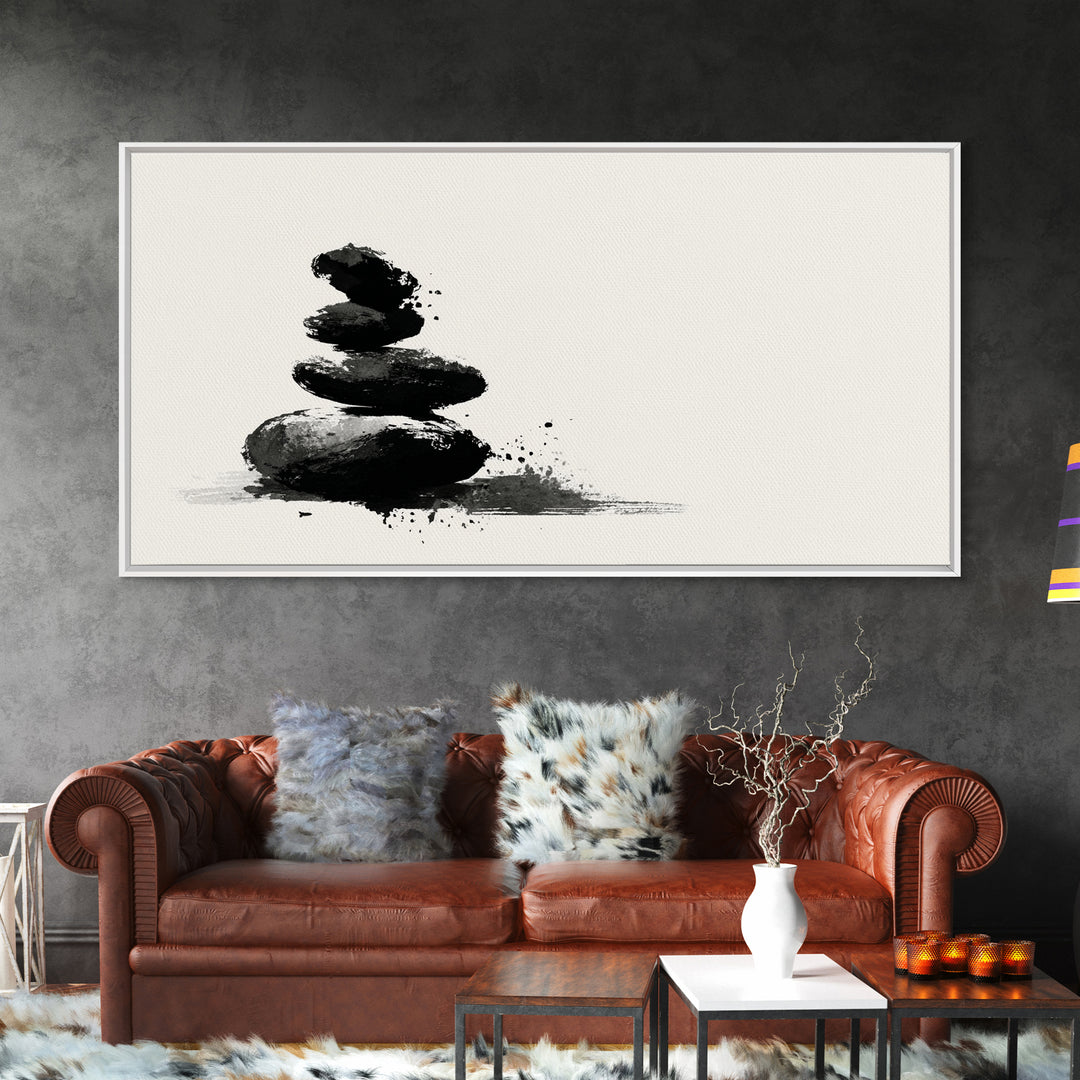 Minimalist Black And White Zen Stones Abstract Painting Wall Art Framed Canvas Print For Modern Home Decor